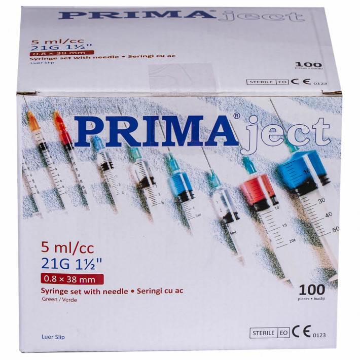 Seringi Luer Slip 5 ml cu Ac 22G detasabil fara filet, 3 componente - 100 bucati