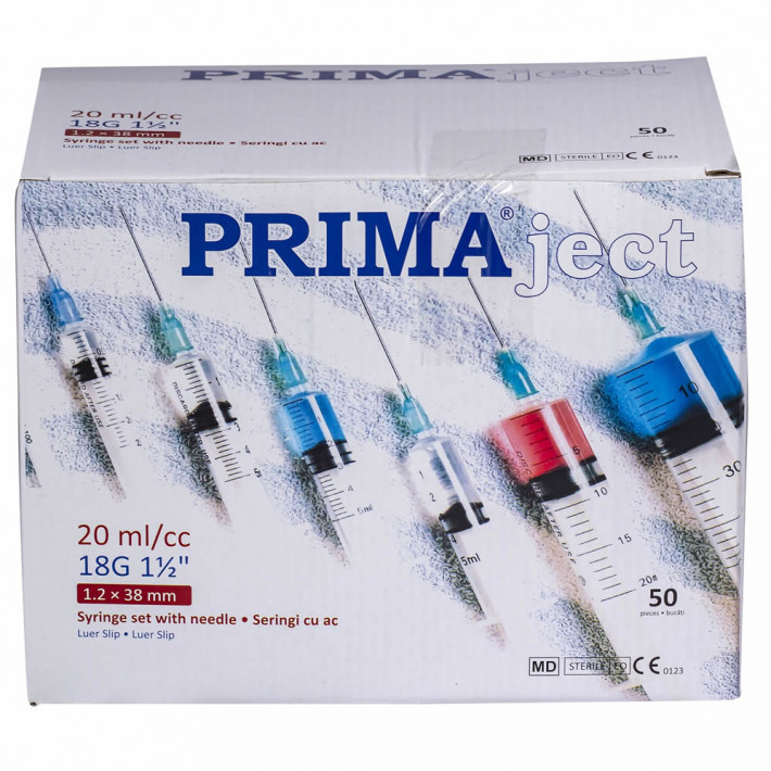 Seringi Luer Slip 20ml cu Ac 18G detasabil fara filet, 3 componente - 50 bucati