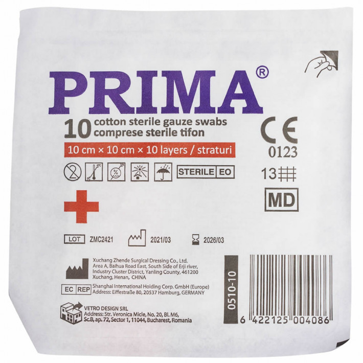 Comprese sterile din tifon PRIMA, 10x10cm - 10 bucati