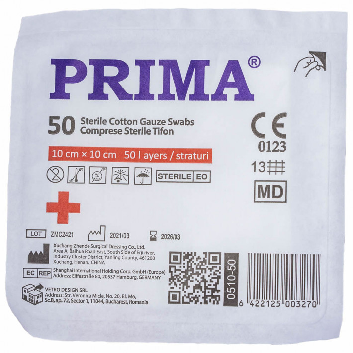 Comprese sterile din tifon PRIMA, 10x10cm - 50 bucati