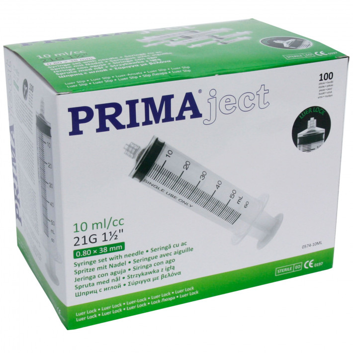 Seringi 10ml ac 21G 1 1/2' (0.8x38mm-verde), Luer Lock, din 3 parti, sterile - 100 bucati