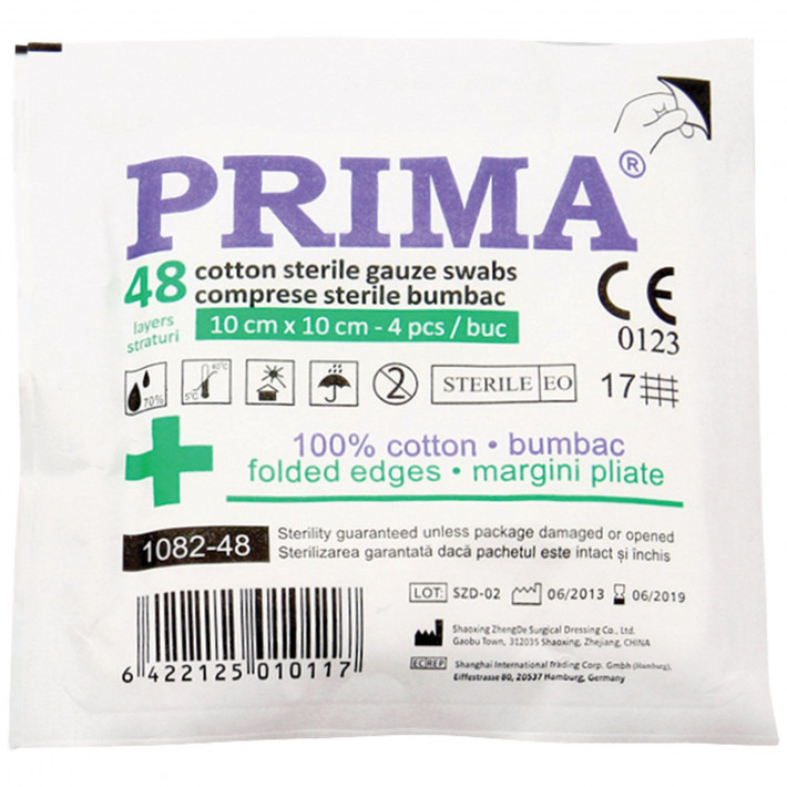 Comprese sterile din tifon PRIMA, 10x10cm, 48 straturi pe plic - 4 bucati