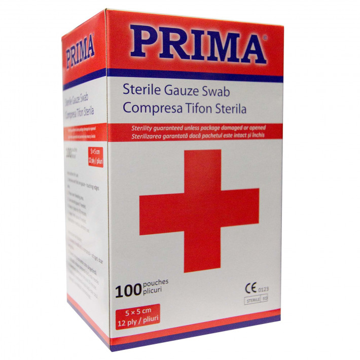 Compresa sterila din tifon PRIMA, 5x5cm, 12 straturi - 100 bucati