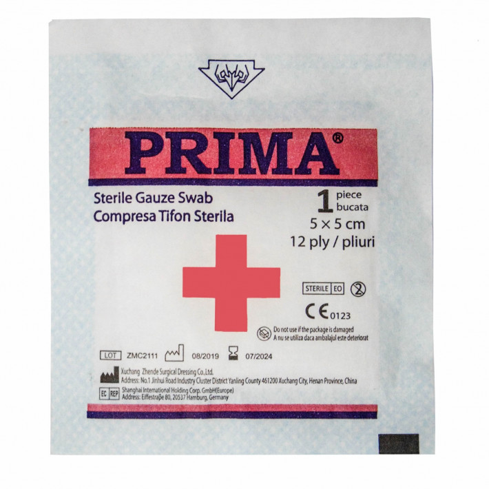 Compresa sterila din tifon PRIMA, 5x5cm, 12 straturi - 100 bucati