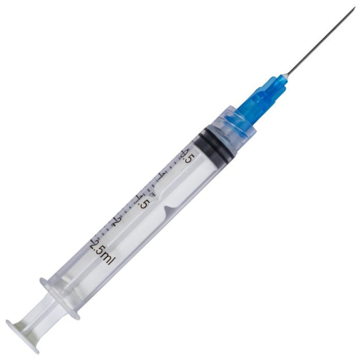 Seringi 2/2.5ml ac 23G 1' (0.6x25mm-albastru), Luer Lock, din 3 parti, sterile - 100 bucati