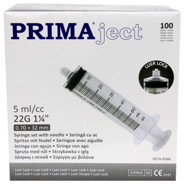 Seringi 5ml ac 22G 1 1/4' (0.7x32mm-negru), Luer Lock, din 3 parti, sterile - 100 bucati