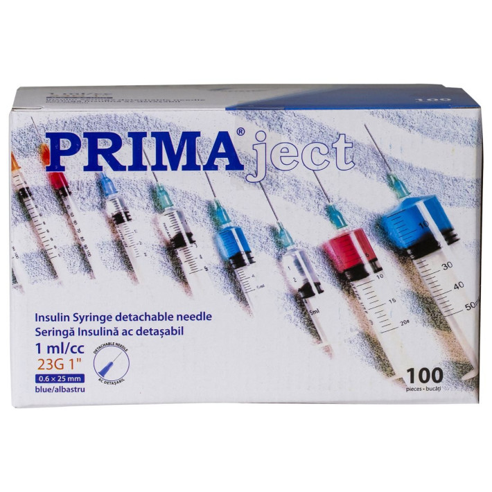 Seringi pentru insulina PRIMA, ac 23G, 1 ml, 100 bucati