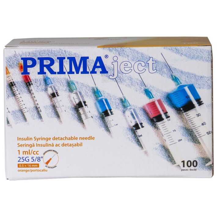 Seringi pentru insulina PRIMA, ac 25G, 1 ml - 100 bucati