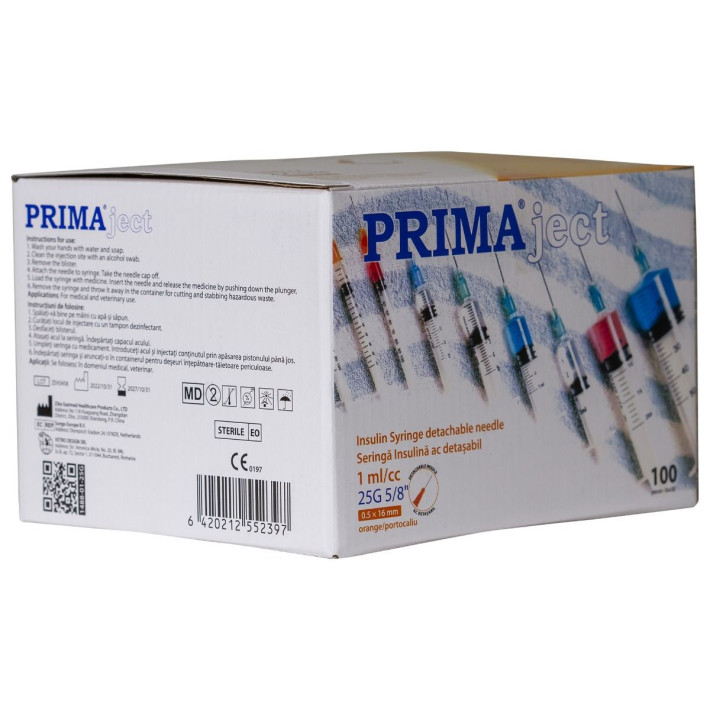 Seringi pentru insulina PRIMA, ac 25G, 1 ml - 100 bucati