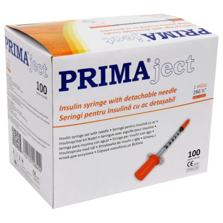 Seringi insulina 1 ml AC DETASABIL 29G piston cauciuc, 3 componente - 100 bucati