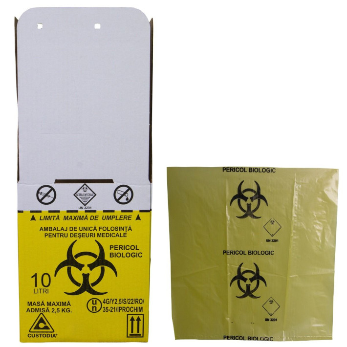 Cutie 10 litri cu sac Biohazard pentru colectarea deseurilor medicale infectioase