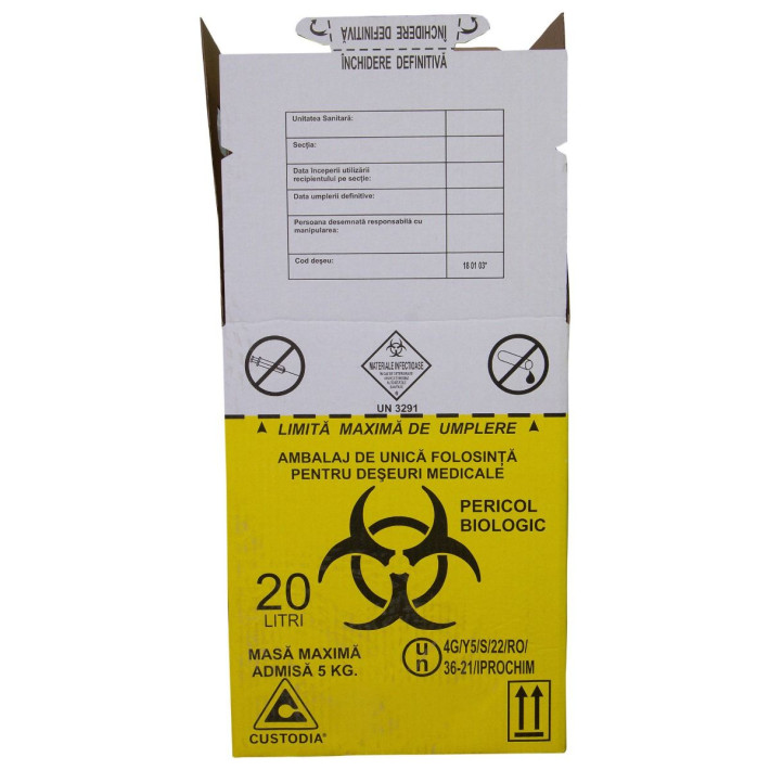 Cutie 20 litri cu sac Biohazard pentru colectarea deseurilor medicale infectioase