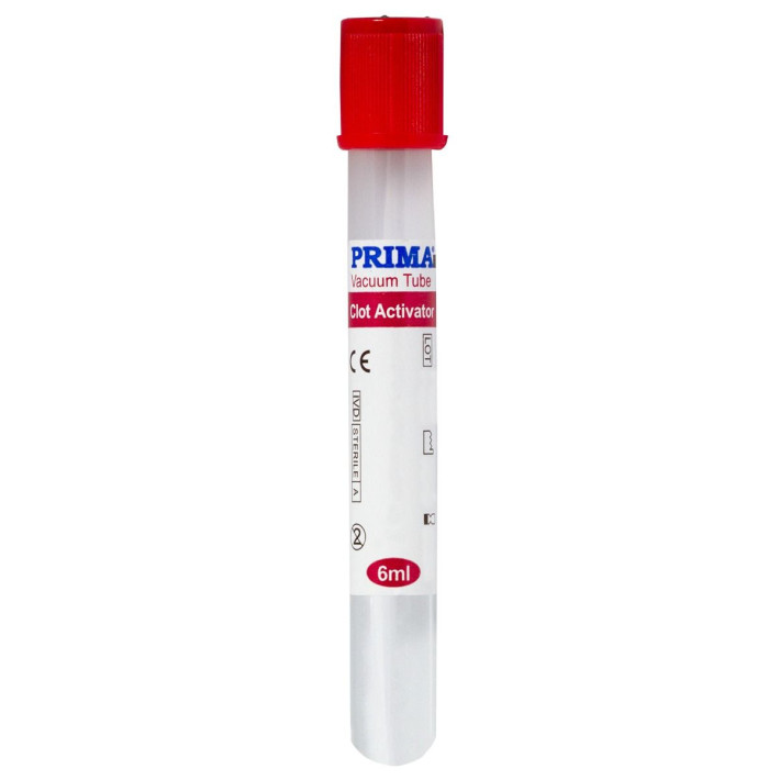 Vacutainer biochimie PRIMA, steril, cu activator de coagulare, capac rosu, tub sticla, 6ml, 13x100mm, 100 bucati