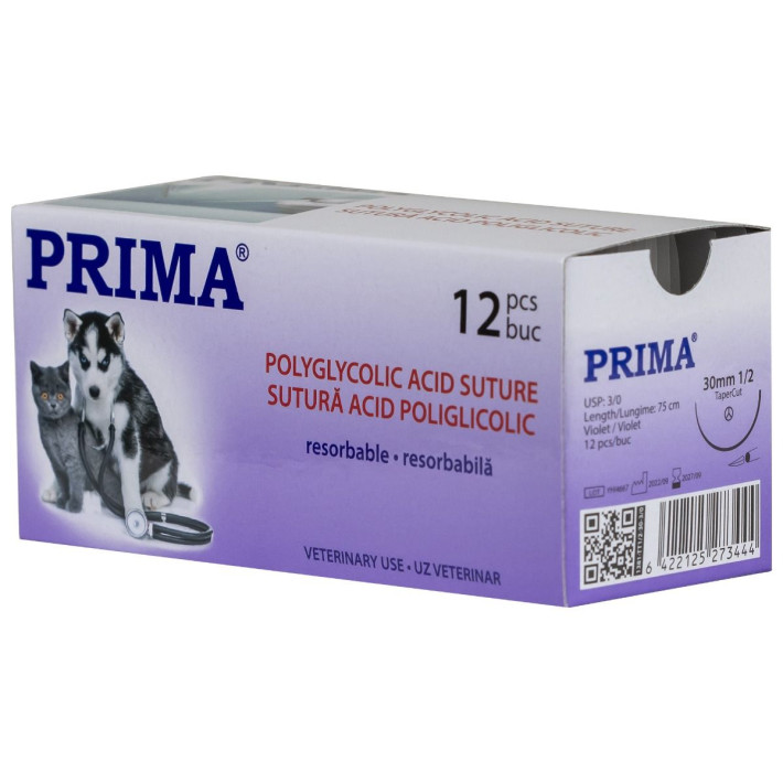 Sutura din acid poliglicolic, lungime 75cm, ac cu varf taietor, 1/2 cerc de lungime 30mm, USP 3/0, uz veterinary, 12 bucati