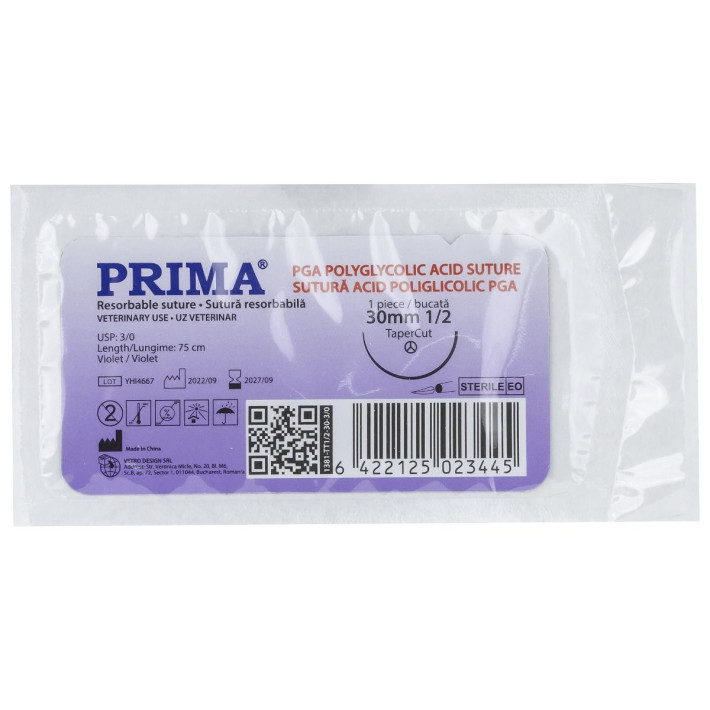 Sutura din acid poliglicolic, lungime 75cm, ac cu varf taietor, 1/2 cerc de lungime 30mm, USP 3/0, uz veterinary, 12 bucati