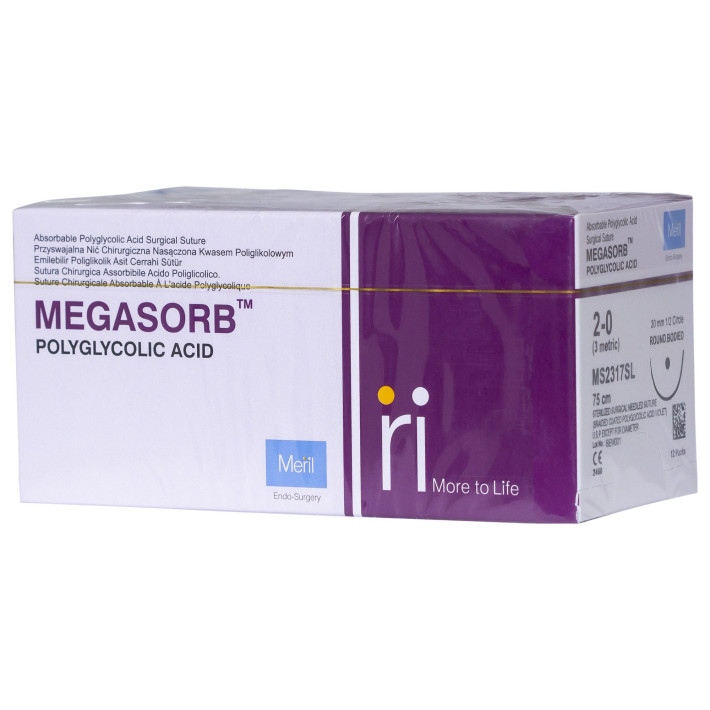 Sutura din acid poliglicolic, resorbabila, fir violet, USP 2, ac rotund 1/2, cerc lungime 30mm, 12 bucati