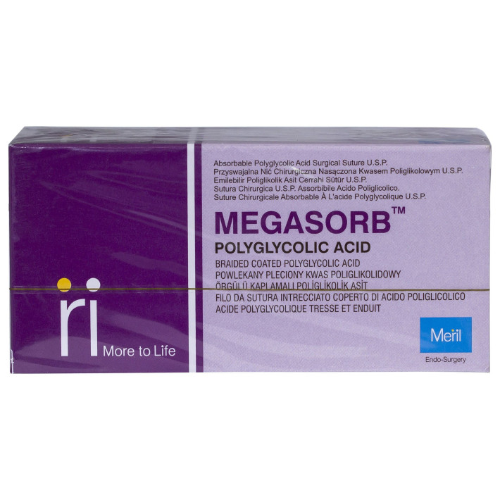Sutura din acid poliglicolic, resorbabila, cu fir violet, lungime 75 cm, cu diametrul USP: 2/0, ac cu varf taietor(tapercut) si corp rotund 1/2 cerc de lungime: 36 mm, 12 bucati/cutie