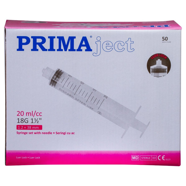 Seringi 20ml ac roz 21G 1 1/2' (0.8x38mm) Luer Lock din 3 parti, sterile - 50 bucati