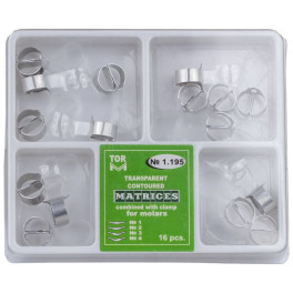 Matrici conturate metalice, cu maner de fixare molar/premolar, 4 tipuri, 16 bucati