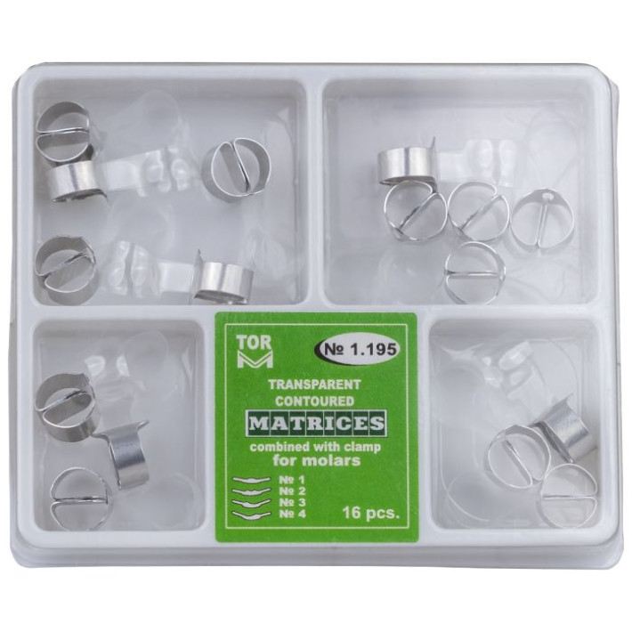 Matrici conturate metalice, cu maner de fixare molar/premolar, 4 tipuri, 16 bucati
