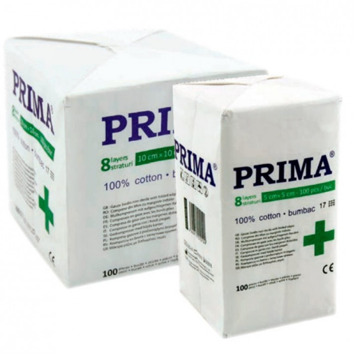 Comprese nesterile din tifon PRIMA, cu 8 pliuri, 10x10cm - 100 bucati