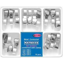 Matrici conturate metalice cu maner de fixare, premolari / molari, set 4 / 5 tipuri, grosime 50microni (kit 16 buc)