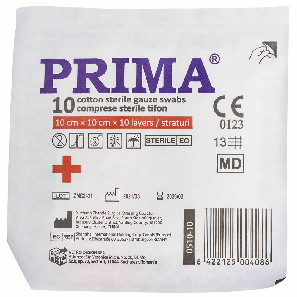 Comprese sterile din tifon, PRIMA, 10x10cm, 10 bucati