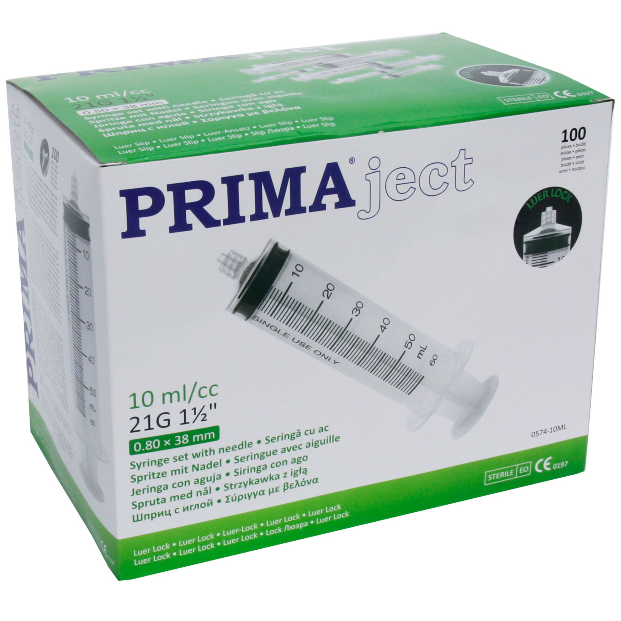 Seringi Luer Lock 10ml, PRIMA, cu ac 21G, 100 bucati