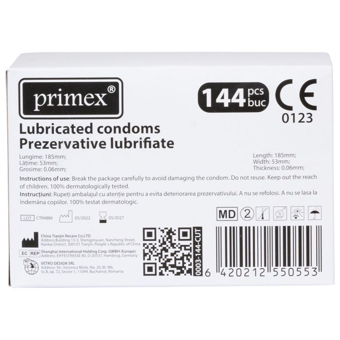Prezervative lubrifiate din latex, PRIMEX, sterile, cu forma dreptunghiulara, transparente, 144 bucati / cutie