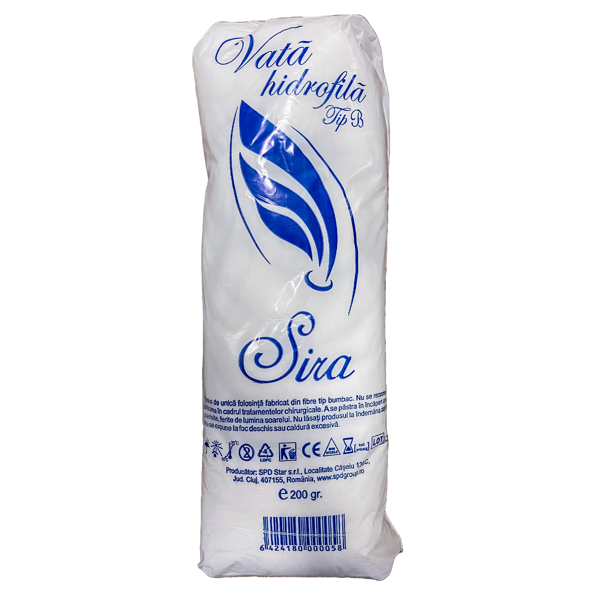 Vata hidrofila tip BC IZIS, medicinala, nesterila, 50% bumbac 50% celofibra, 200 g, bine cardata