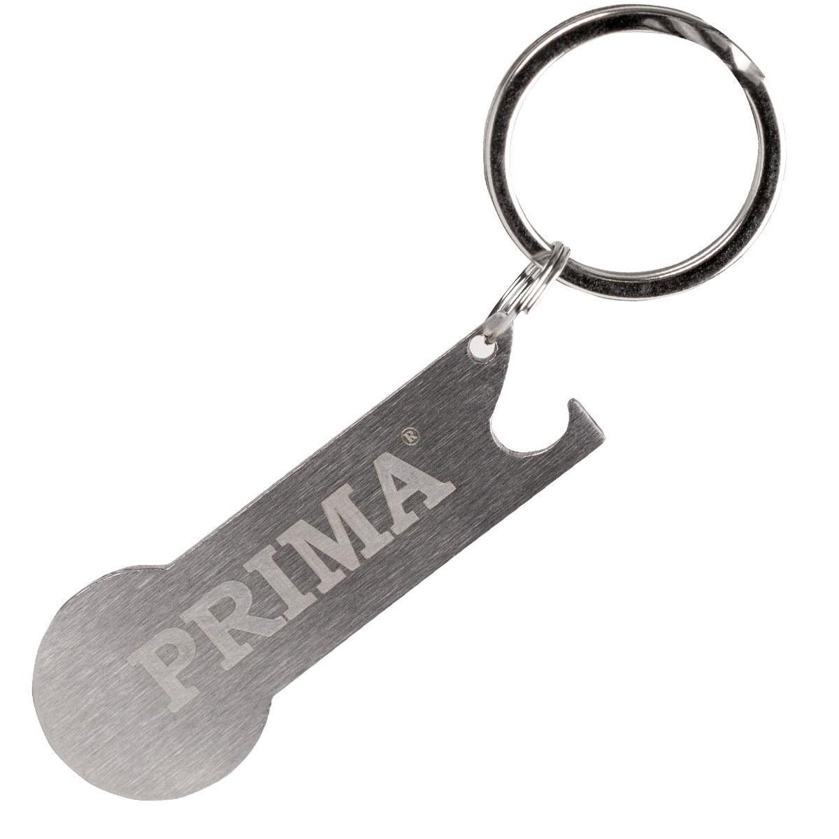 Breloc metalic cu moneda pentru carucior si deschizator de sticle PRIMA, argintiu, 6 x 2.3 cm