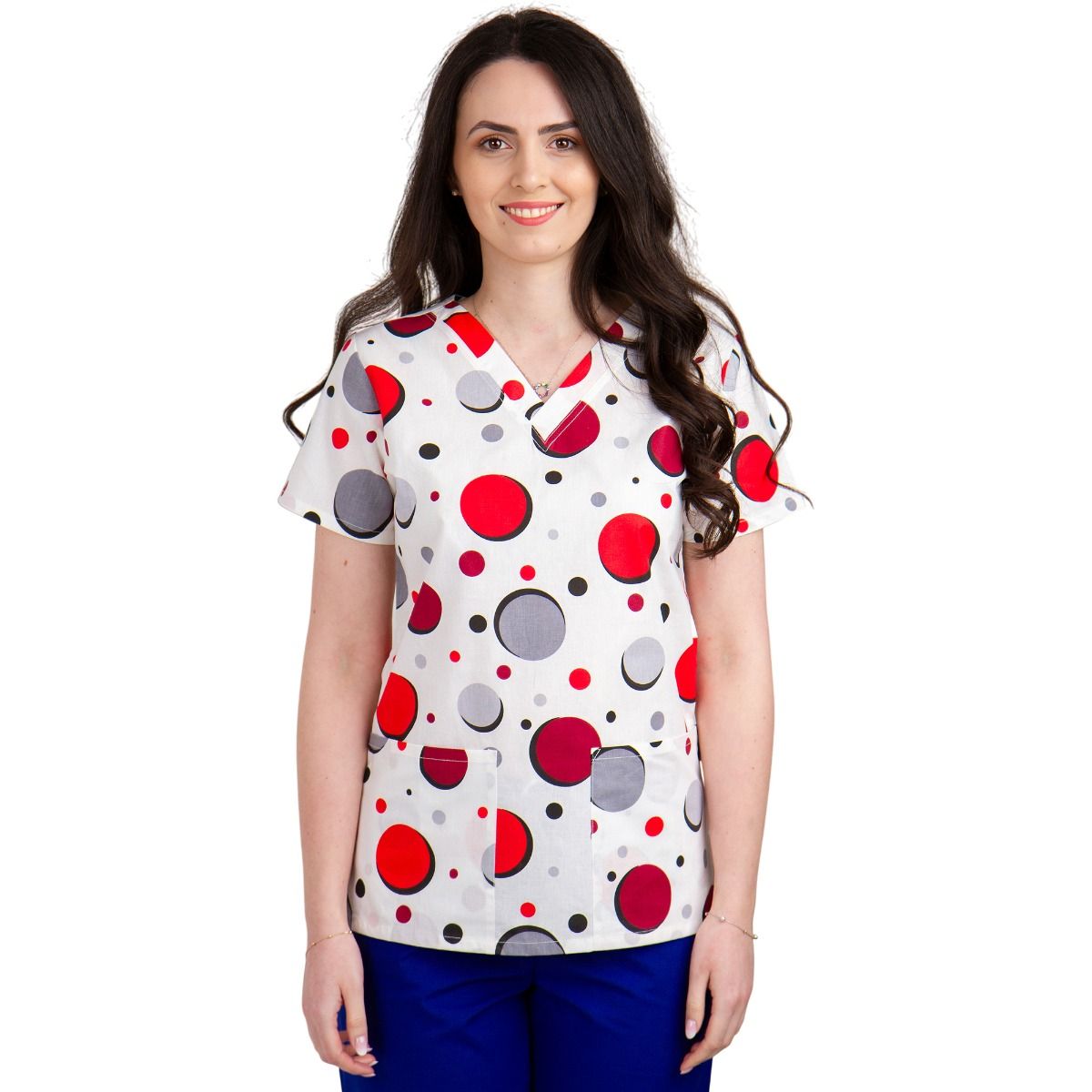 Bluza dama CLARA Imprimeu buline rosii, XS - Uniforma Medicala