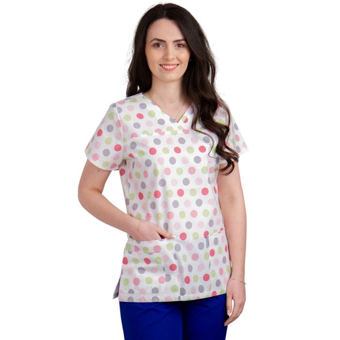 Bluza dama TINA Imprimeu buline roz/verzi - Uniforma Medicala