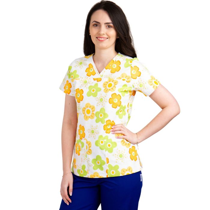 Bluza dama TINA Imprimeu flori verzi/portocalii - Uniforma Medicala