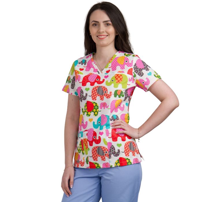 Bluza dama TINA Imprimeu elefanti colorati - Uniforma Medicala