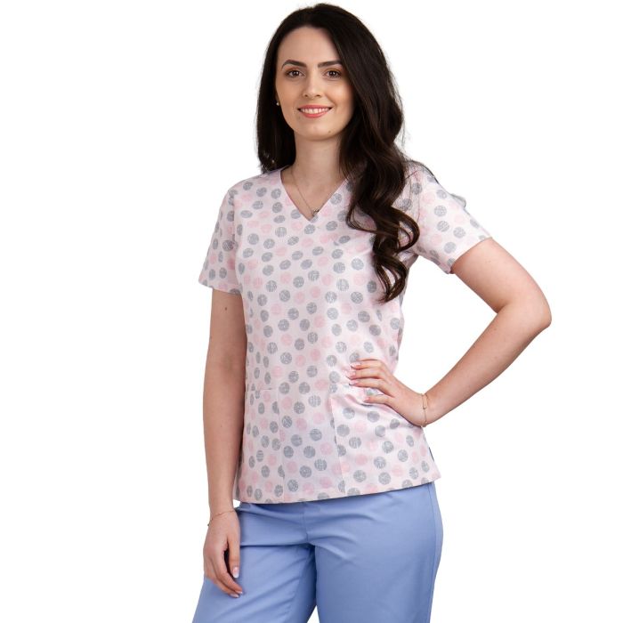 Bluza dama MIRA Imprimeu roz cu buline - Uniforma Medicala