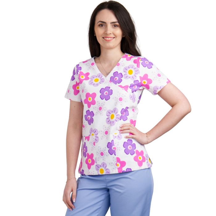 Bluza dama MIRA Imprimeu flori mov/roz - Uniforma Medicala