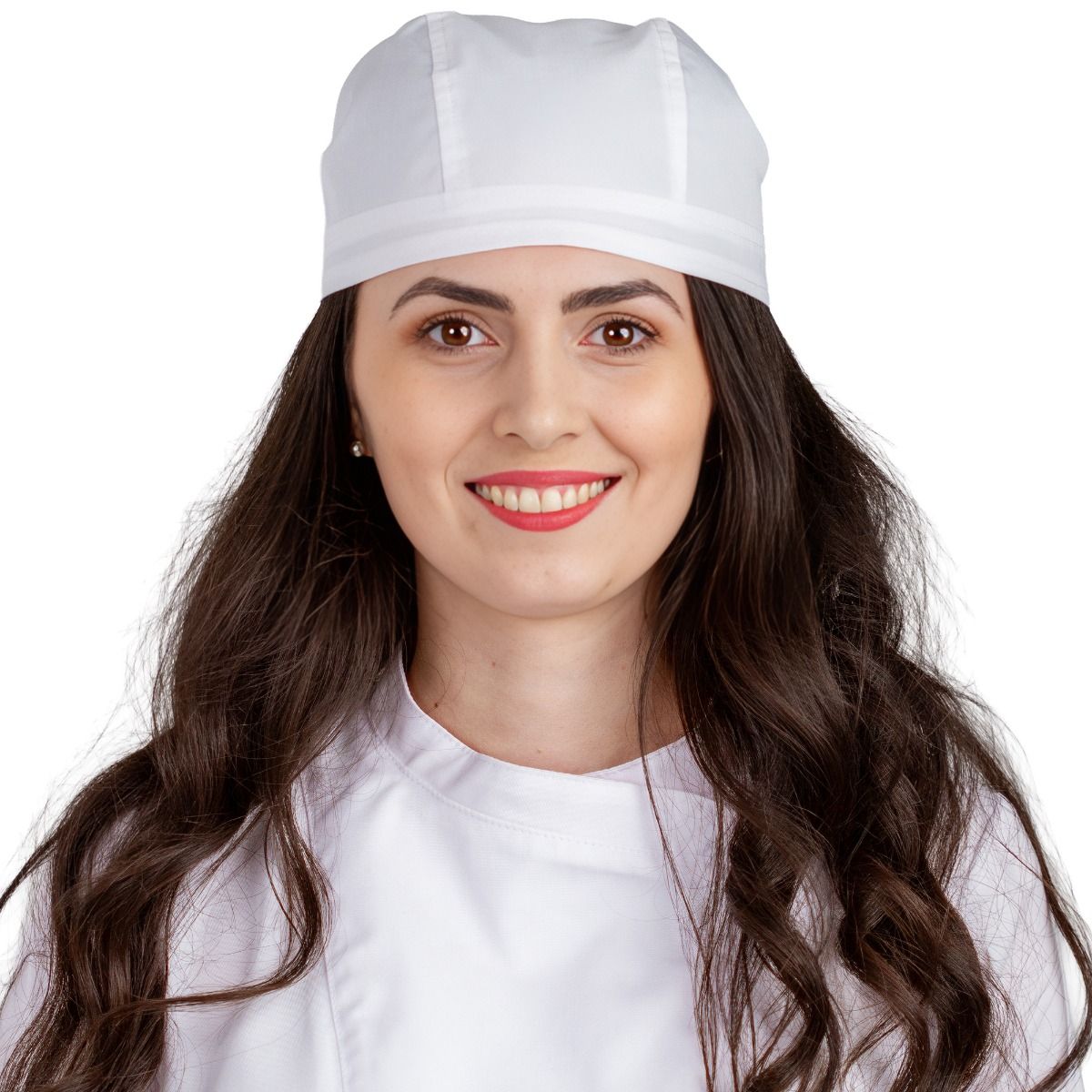 Bonetă medicală modernă, cu legături, tercot 170 g/m², albă