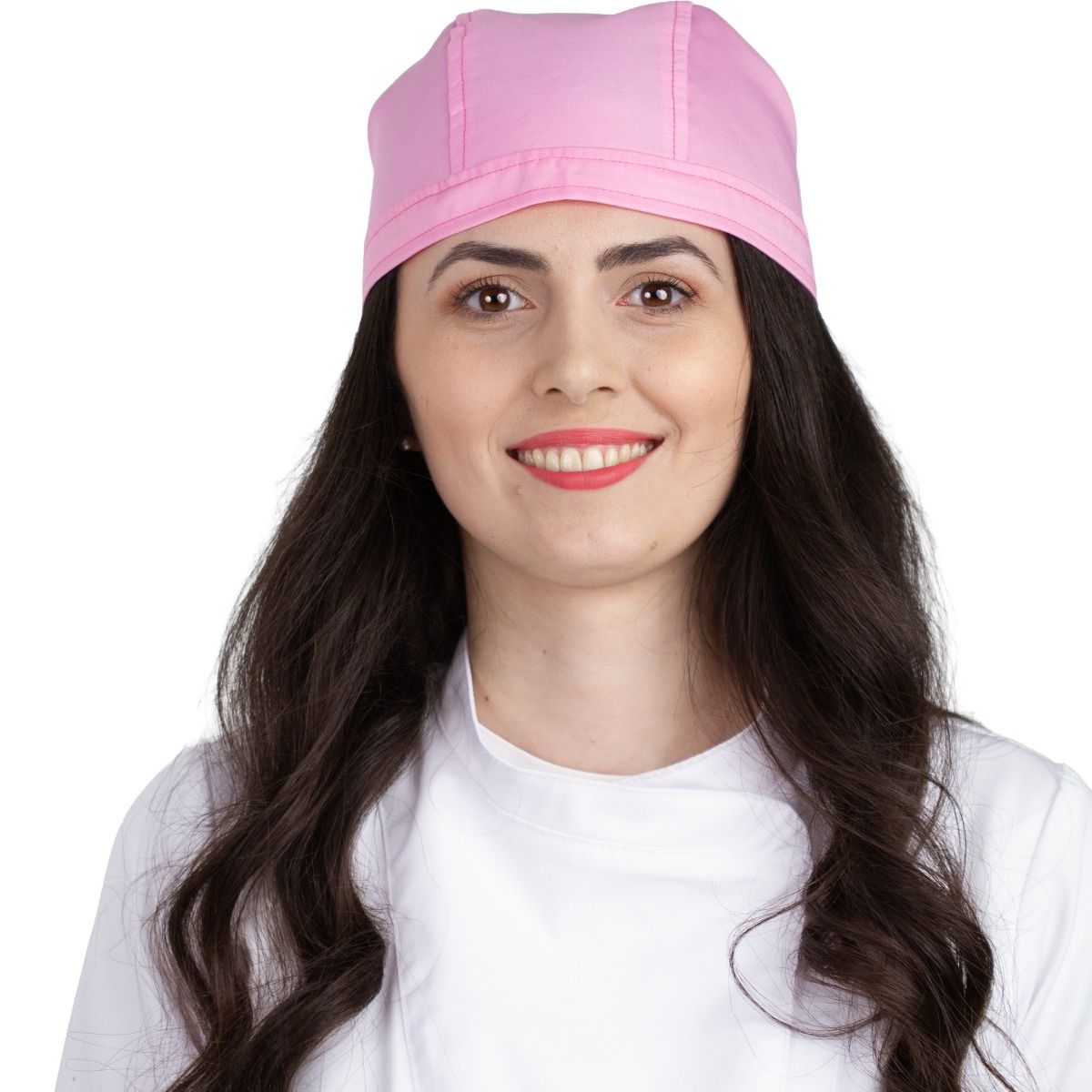 Boneta medicala moderna, cu legaturi, tercot 170g/m2, roz deschis