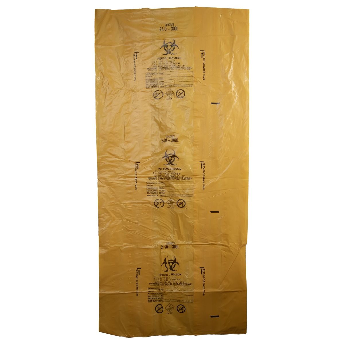 Saci galbeni pericol biologic 240L BIOHAZARD ADR, 60 microni, 50 bucati - saci deseuri medicale certificati