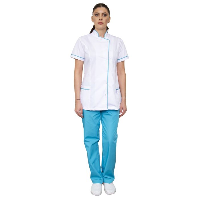 Tunica dama EMA Premium alba cu bordura turcoaz - Uniforma Medicala