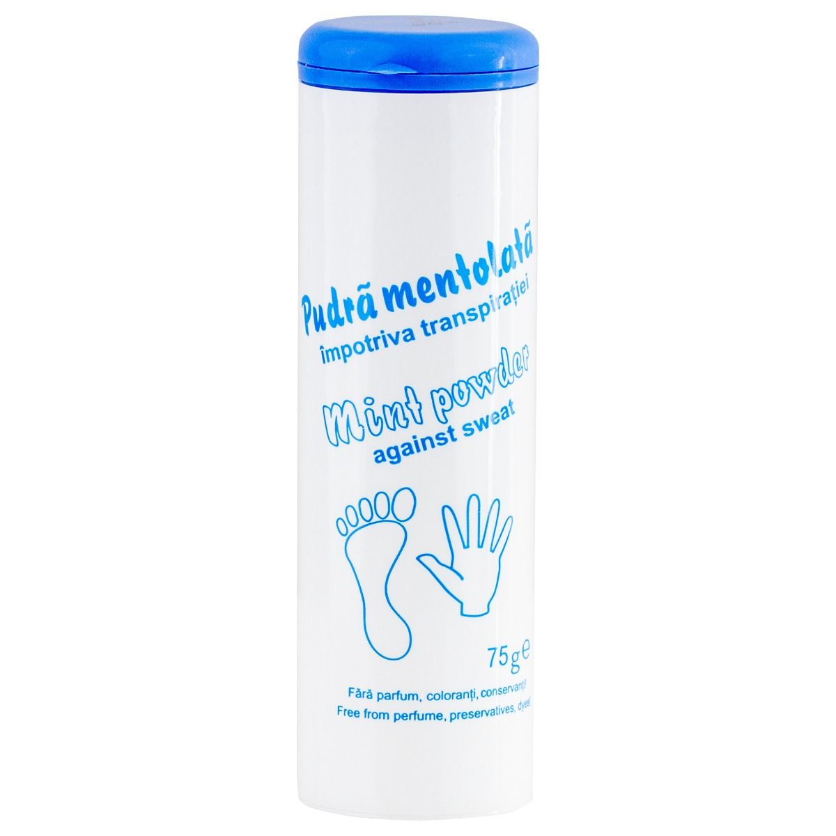 Pudra mentolata impotriva transpiratiei 75g - efect antibacterian, pentru maini si picioare, absorbtie rapida