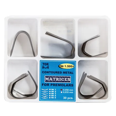 Matrici dentare metalice conturate premolari, set 30 bucati, 5 tipuri (nr. 1-5), grosime 50 µ, pre-formate anatomice