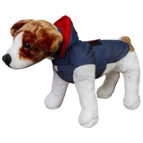 Haina pentru caini si pisici, PRIMA, din denim, captuseala rosie, gluga detasabila, 27 cm