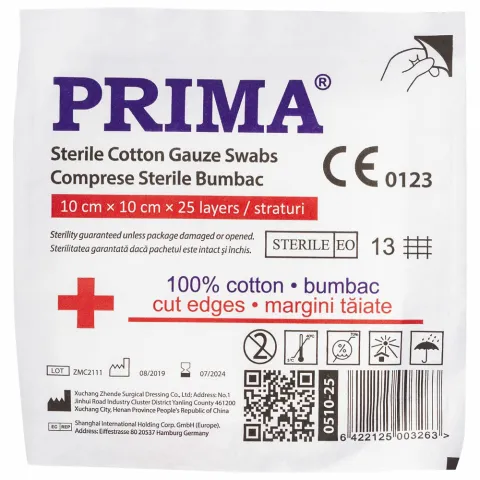 Comprese sterile din tifon, PRIMA, 10x10cm, 25 bucati