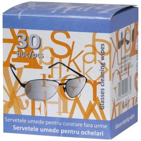 Servetele umede pentru ochelari, ambalate individual, 13x17 cm, 30 bucati