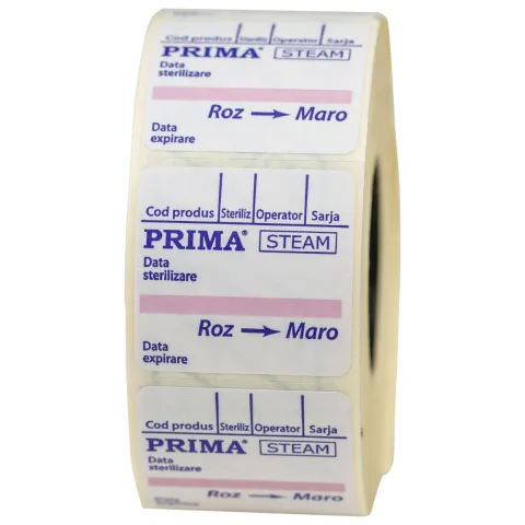 Etichete dublu adezive pentru sterilizarea cu abur, PRIMA, 29x28 mm, Indicator chimic tip 1, 500 bucati/rola
