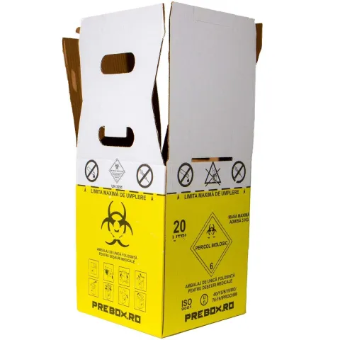 Cutie deseuri medicale 20L cu sac galben Biohazard si banda rosie, carton 3 straturi, ADR, pentru colectare deseuri anatomo-patologice