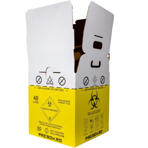 Cutie deseuri medicale 40L cu sac galben Biohazard si banda rosie, carton 3 straturi, ADR, pentru colectare deseuri anatomo-patologice