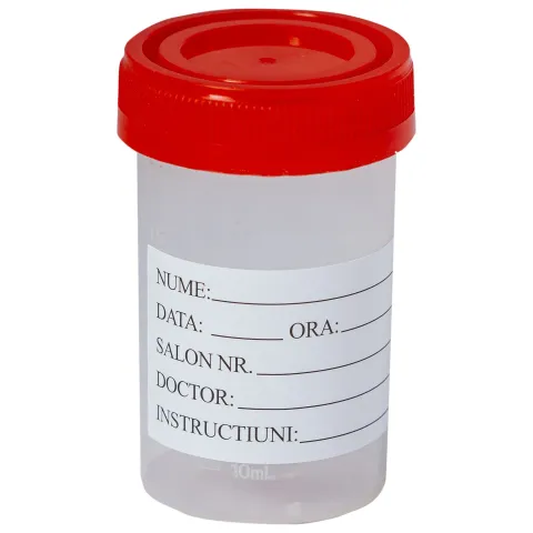 Recipient urocultor steril 60 ml, PRIMA, capac rosu, polipropilena, transparent